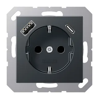 Jung SCHUKO Steckdose 16 A 250 V ~, mit USB-Ladegerät 1 x Typ A + 1 x Typ C, SAFETY+, Serie A, anthrazit matt A1520-15CAANM