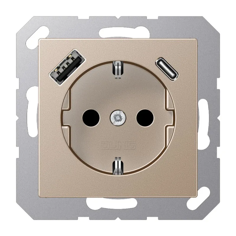 Jung SCHUKO Steckdose 16 A 250 V ~, mit USB-Ladegerät 1 x Typ A + 1 x Typ C, SAFETY+, Serie A, champagner A1520-15CACH