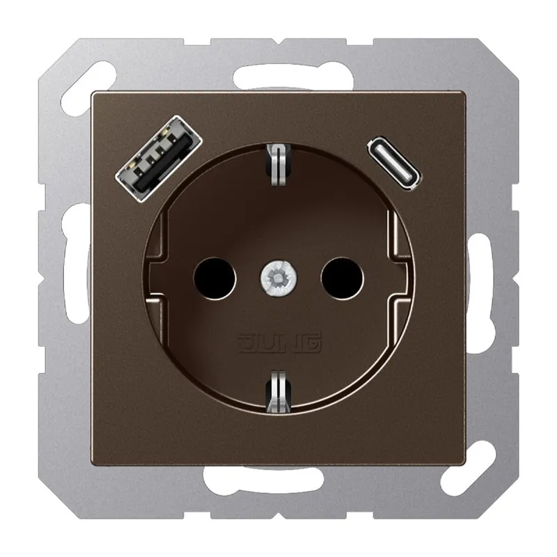 Jung SCHUKO Steckdose 16 A 250 V ~, mit USB-Ladegerät 1 x Typ A + 1 x Typ C, SAFETY+, Serie A, mokka A1520-15CAMO