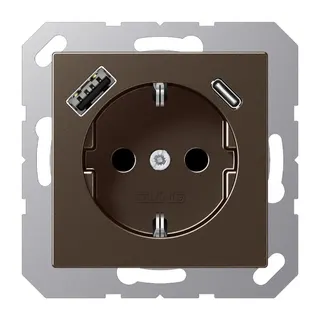 Jung SCHUKO Steckdose 16 A 250 V ~, mit USB-Ladegerät 1 x Typ A + 1 x Typ C, SAFETY+, Serie A, mokka A1520-15CAMO