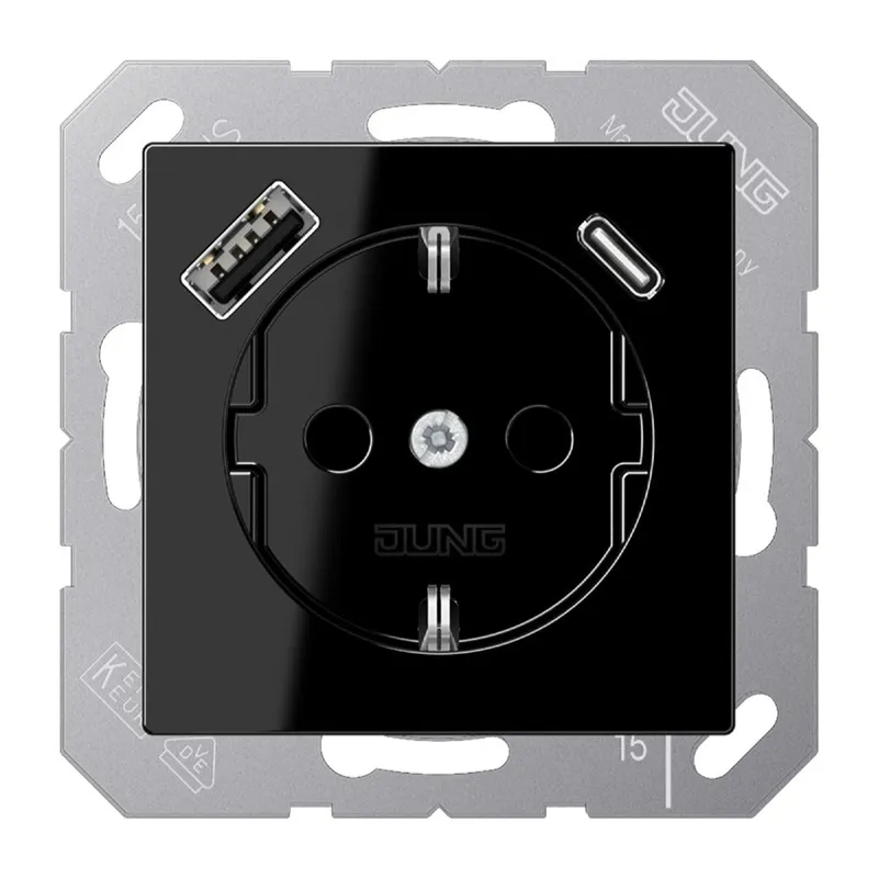 Jung SCHUKO Steckdose 16 A 250 V ~, mit USB-Ladegerät 1 x Typ A + 1 x Typ C, SAFETY+, Serie A, schwarz A1520-15CASW
