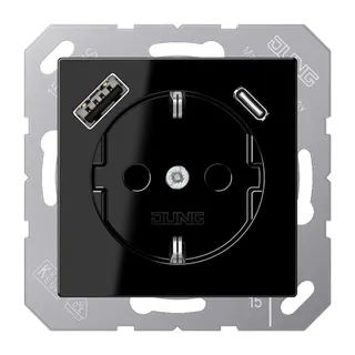 Jung SCHUKO Steckdose 16 A 250 V ~, mit USB-Ladegerät 1 x Typ A + 1 x Typ C, SAFETY+, Serie A, schwarz A1520-15CASW