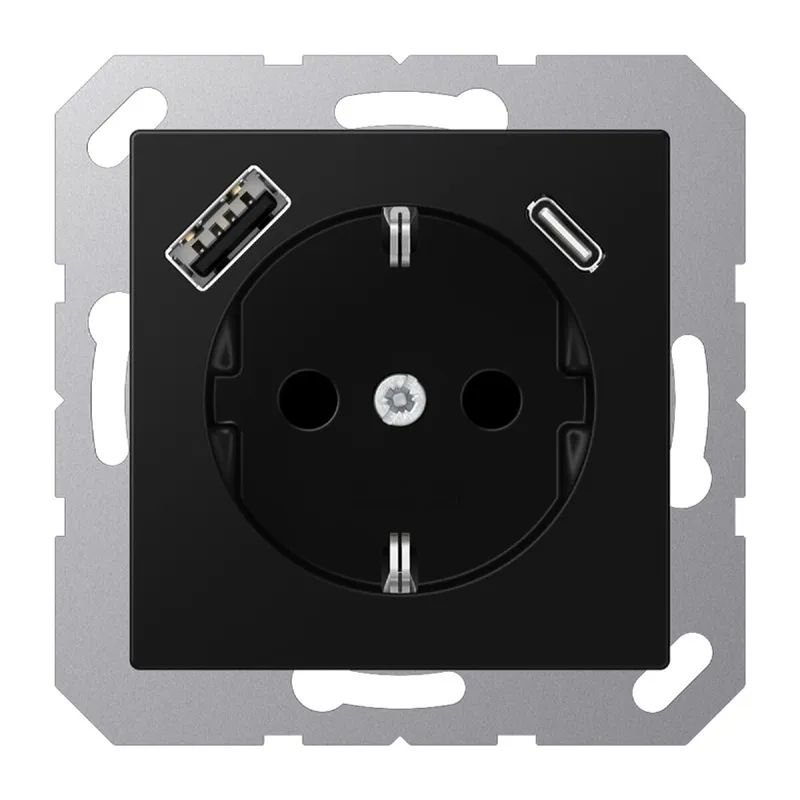 Jung SCHUKO Steckdose 16 A 250 V ~, mit USB-Ladegerät 1 x Typ A + 1 x Typ C, SAFETY+, Serie A, graphitschwarz matt A1520-15CASWM