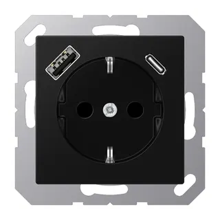 Jung SCHUKO Steckdose 16 A 250 V ~, mit USB-Ladegerät 1 x Typ A + 1 x Typ C, SAFETY+, Serie A, graphitschwarz matt A1520-15CASWM