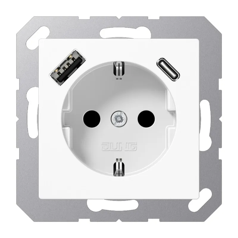 Jung SCHUKO Steckdose 16 A 250 V ~, mit USB-Ladegerät 1 x Typ A + 1 x Typ C, SAFETY+, Serie AS/A, alpinweiß A1520-15CAWW