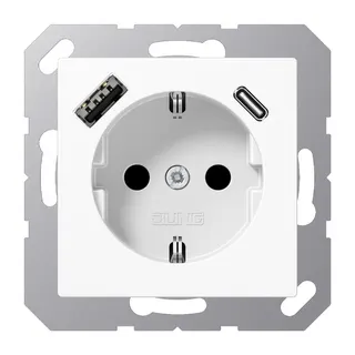 Jung SCHUKO Steckdose 16 A 250 V ~, mit USB-Ladegerät 1 x Typ A + 1 x Typ C, SAFETY+, Serie AS/A, alpinweiß A1520-15CAWW