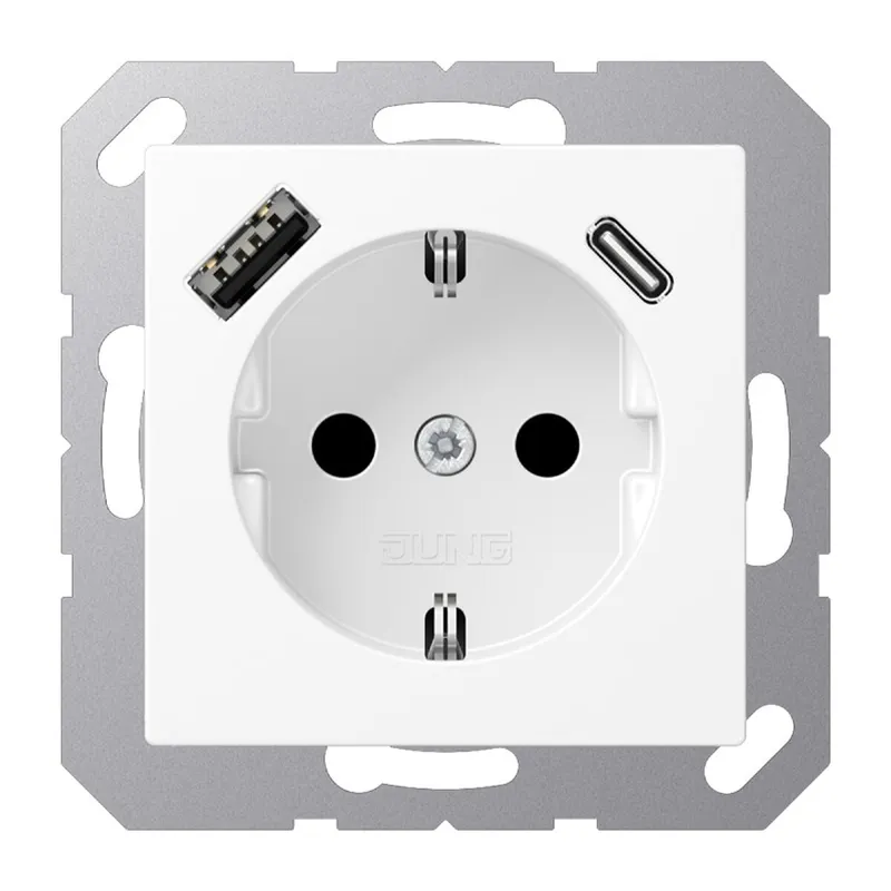 Jung SCHUKO Steckdose 16 A 250 V ~, mit USB-Ladegerät 1 x Typ A + 1 x Typ C, SAFETY+, Serie A, schneeweiß matt A1520-15CAWWM