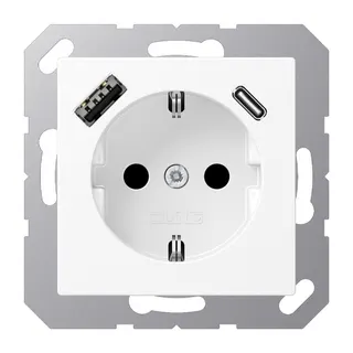Jung SCHUKO Steckdose 16 A 250 V ~, mit USB-Ladegerät 1 x Typ A + 1 x Typ C, SAFETY+, Serie A, schneeweiß matt A1520-15CAWWM