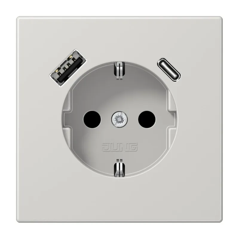 Jung SCHUKO Steckdose 16 A 250 V ~, mit USB-Ladegerät 1 x Typ A + 1 x Typ C, SAFETY+, Serie LS, lichtgrau LS1520-15CALG