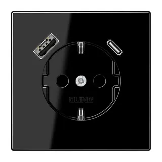 Jung SCHUKO Steckdose 16 A 250 V ~, mit USB-Ladegerät 1 x Typ A + 1 x Typ C, SAFETY+, Serie LS, schwarz LS1520-15CASW