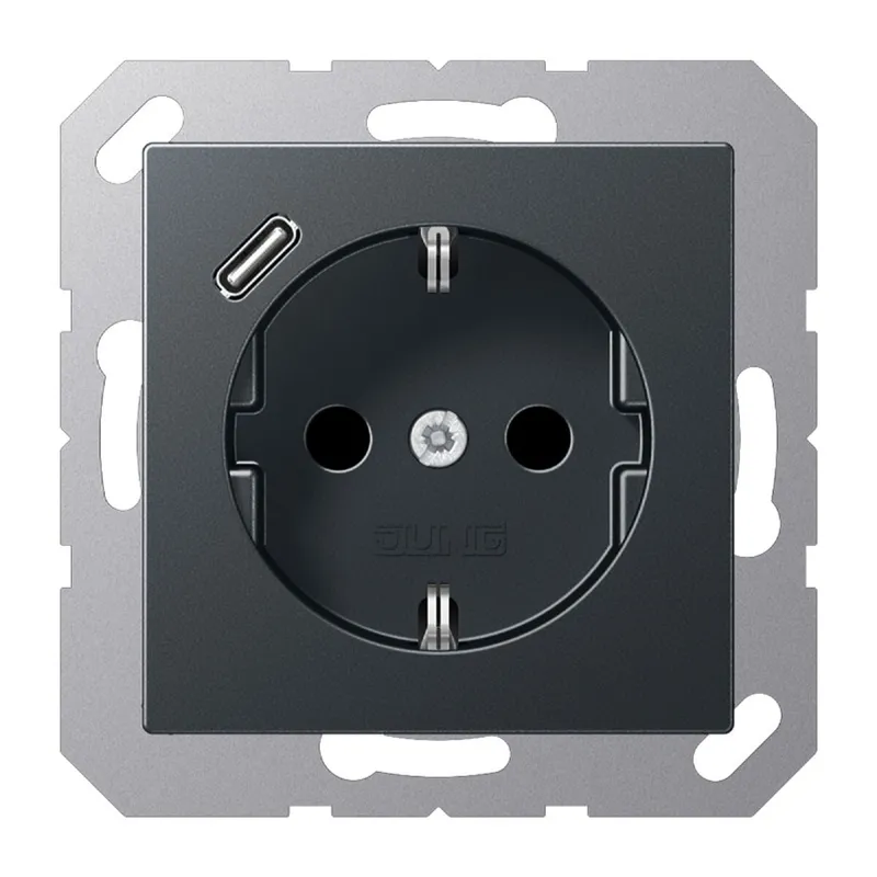 Jung SCHUKO Steckdose 16 A 250 V ~, mit USB-Ladegerät 1 x Typ C, SAFETY+, Serie A, anthrazit matt A1520-18CANM