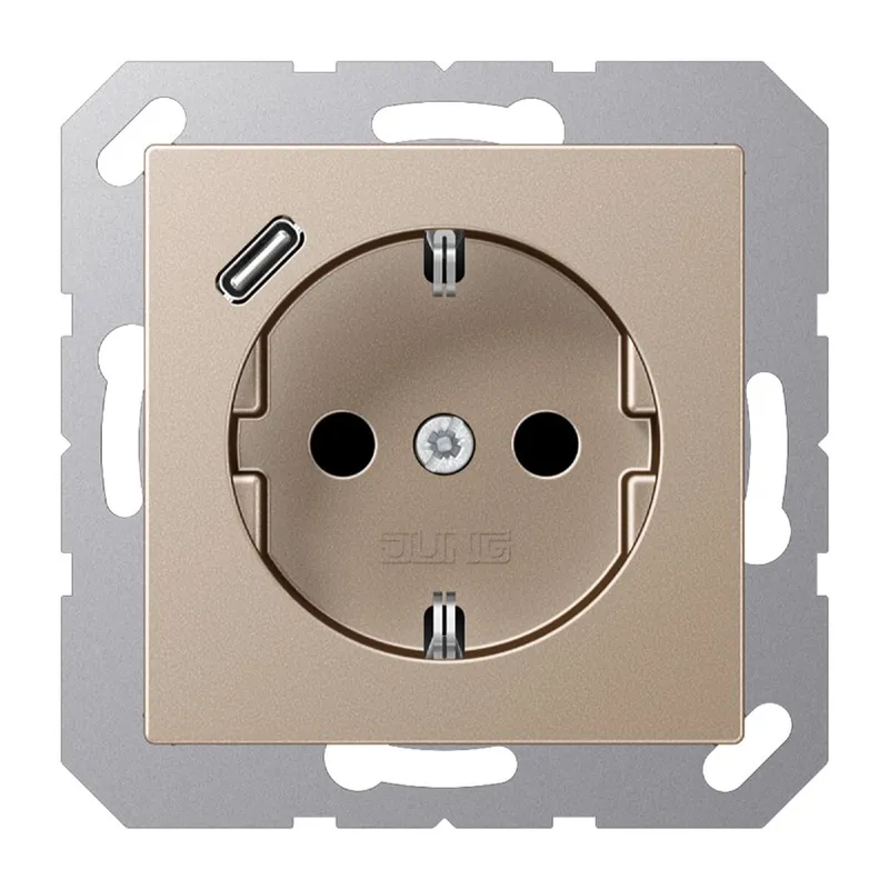 Jung SCHUKO Steckdose 16 A 250 V ~, mit USB-Ladegerät 1 x Typ C, SAFETY+, Serie A, champagner A1520-18CCH
