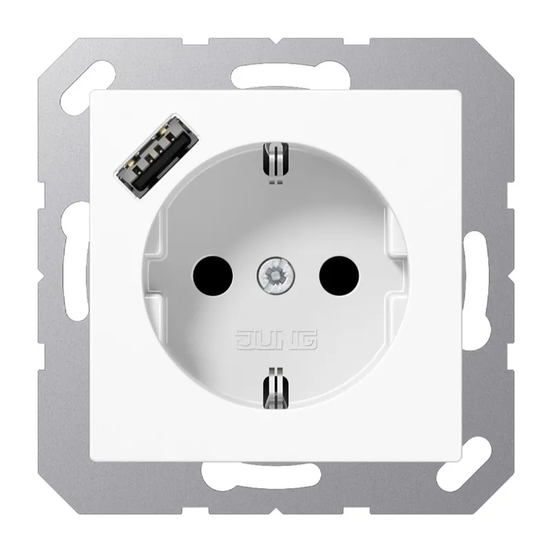 Jung SCHUKO Steckdose 16 A 250 V ~, mit USB-Ladegerät 1 x Typ A, SAFETY+, Serie AS/A, alpinweiß A1520-18AWW