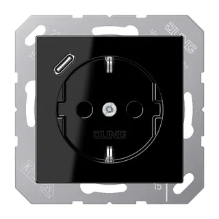 Jung SCHUKO Steckdose 16 A 250 V ~, mit USB-Ladegerät 1 x Typ C, SAFETY+, Serie A, schwarz A1520-18CSW