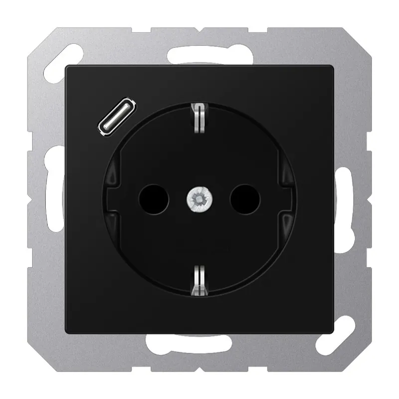 Jung SCHUKO Steckdose 16 A 250 V ~, mit USB-Ladegerät 1 x Typ C, SAFETY+, Serie A, graphitschwarz matt A1520-18CSWM