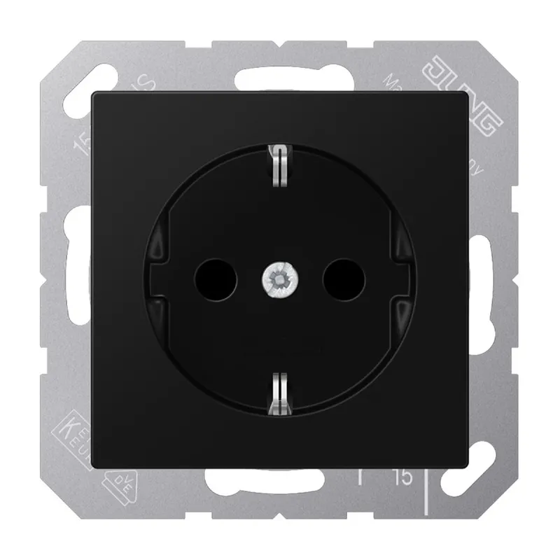 Jung SCHUKO Steckdose, 16 A 250 V ~, ohne Krallen, Thermoplast lackiert, Serie A, graphitschwarz matt A1520NBFSWM