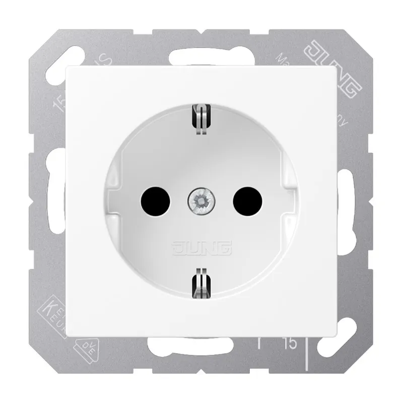Jung SCHUKO Steckdose, 16 A 250 V ~, ohne Krallen, Thermoplast lackiert, Serie A, schneeweiß matt A1520NBFWWM