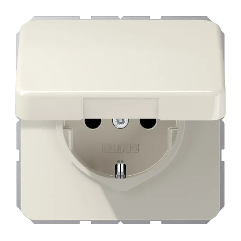 Jung SCHUKO Steckdose, 16 A 250 V ~, Schraubklemmen, ohne Krallen, Klappdeckel, Thermoplast, Serie CD, weiß CD1521BFKL