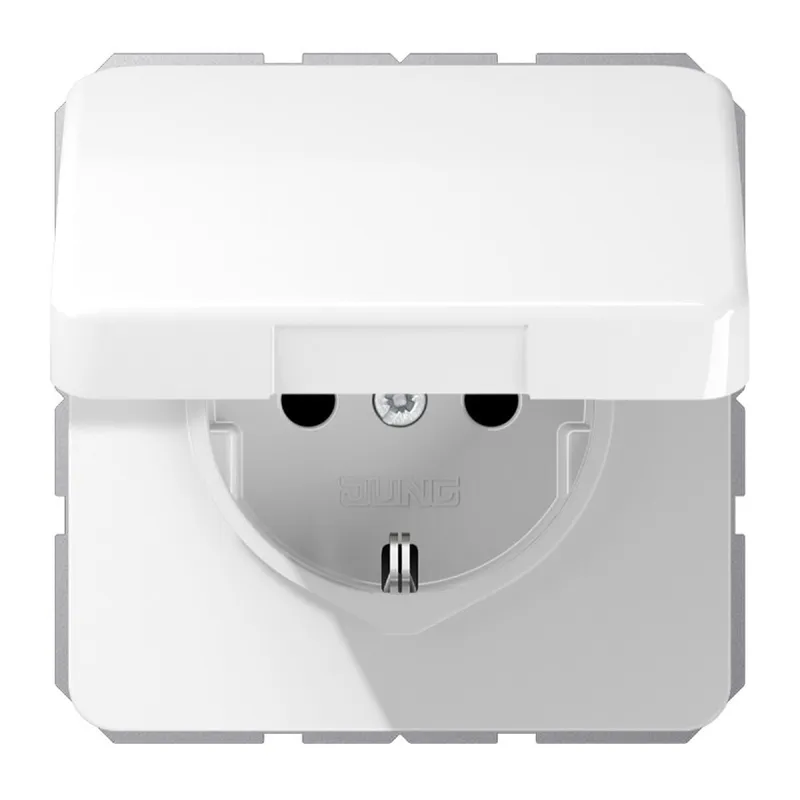 Jung SCHUKO Steckdose, 16 A 250 V ~, Schraubklemmen, ohne Krallen, Klappdeckel, Thermoplast, Serie CD, alpinweiß CD1521BFKLWW