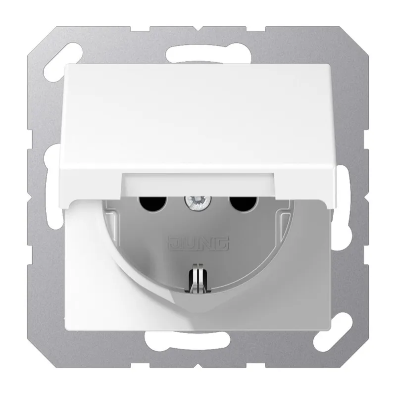 Jung SCHUKO Steckdose, 16 A 250 V ~, ohne Krallen, Klappdeckel, Thermoplast, Serie A, alpinweiß A1520NBFKLWW