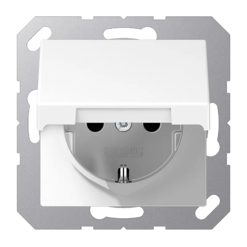 Jung SCHUKO Steckdose, 16 A 250 V ~, Schraubklemmen, ohne Krallen, Klappdeckel, Thermoplast, Serie A, alpinweiß A1521BFKLWW