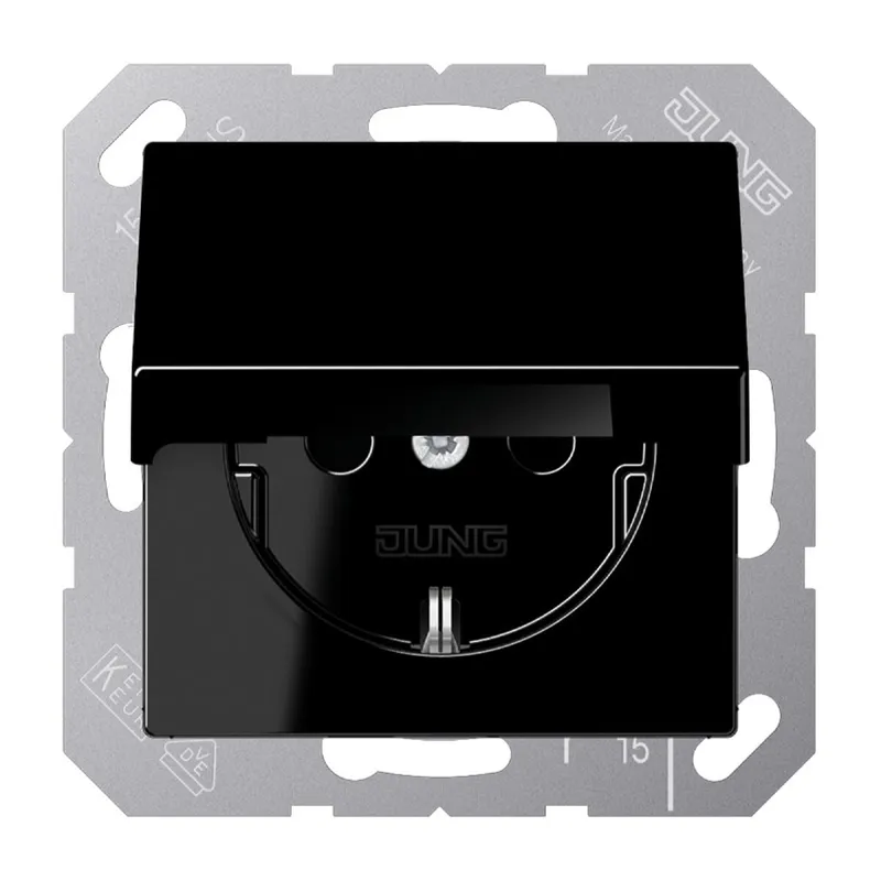 Jung SCHUKO Steckdose, 16 A 250 V ~, ohne Krallen, Klappdeckel, Thermoplast, Serie A, schwarz A1520NBFKLSW