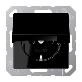 Jung SCHUKO Steckdose, 16 A 250 V ~, ohne Krallen, Klappdeckel, Thermoplast, Serie A, schwarz A1520NBFKLSW