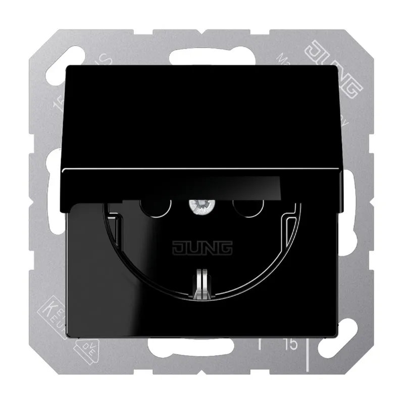 Jung SCHUKO Steckdose, 16 A 250 V ~, ohne Krallen, Klappdeckel, Duroplast, Serie A, schwarz A1520NKLSW