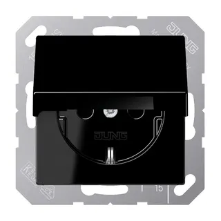 Jung SCHUKO Steckdose, 16 A 250 V ~, ohne Krallen, Klappdeckel, Duroplast, Serie A, schwarz A1520NKLSW
