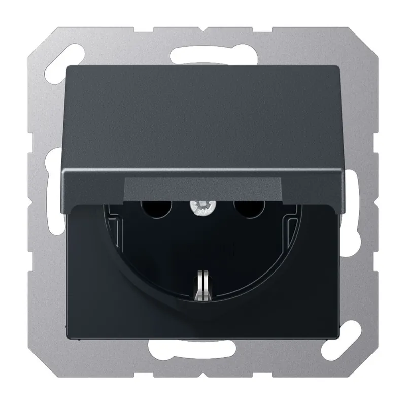 Jung SCHUKO Steckdose, 16 A 250 V ~, Schraubklemmen, ohne Krallen, Klappdeckel, Thermoplast lackiert, Serie A, anthrazit matt A1521BFKLANM