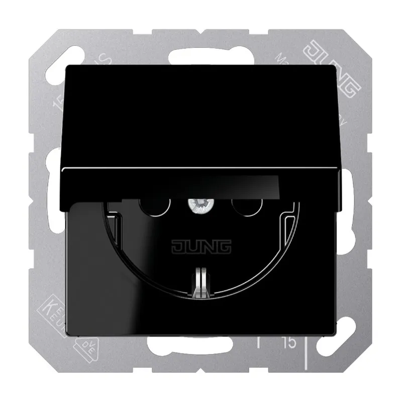 Jung SCHUKO Steckdose, 16 A 250 V ~, Schraubklemmen, ohne Krallen, Klappdeckel, Duroplast, Serie A, schwarz A1521KLSW