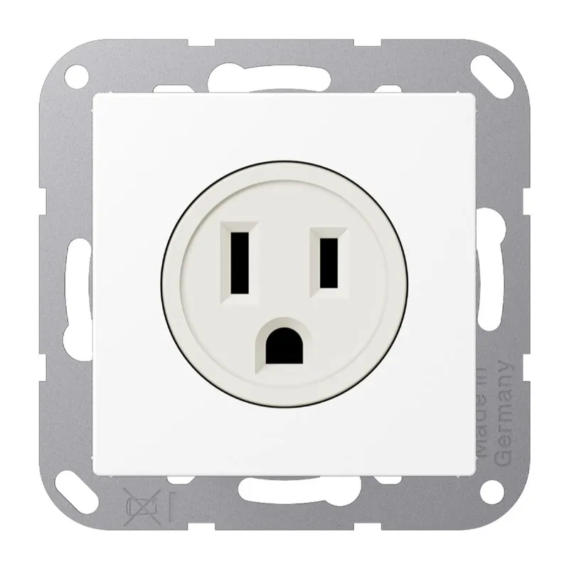 Jung Steckdose, US-Norm NEMA, 15 A 125 V ~, Schraubklemmen, ohne Krallen, Thermoplast lackiert, Serie A, schneeweiß matt A521-15WWM