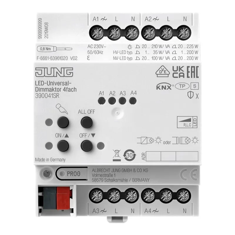 Jung KNX LED-Universal-Dimmaktor, 4fach, AC 110 ... 230 V ~, 50/60 Hz, 4 TE, Secure 390041SR