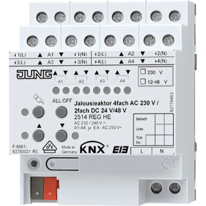 Jung KNX Jalousieaktor 4fach AC 110-230 V, 2fach DC 12-48 V, Behangkorrektur für untere Endlage 2514REGHE