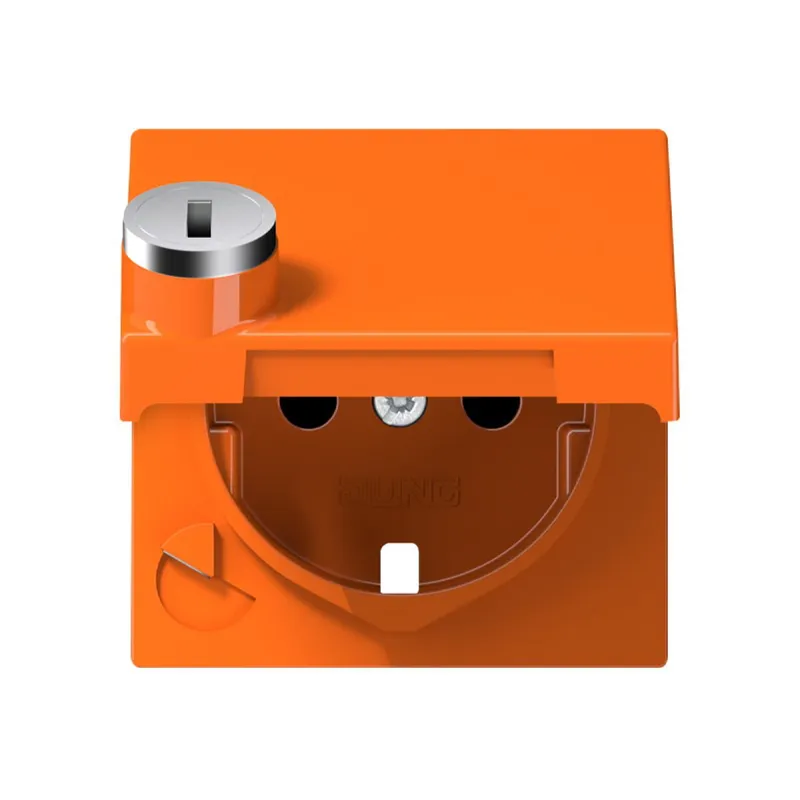 Jung Zentralplatte für SCHUKO®-Steckdoseneinsätze, Klappdeckel, Thermoplast, Serie A, orange (für ZSV) A1520KLSLPLO