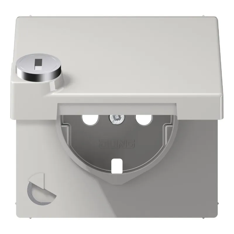 Jung Zentralplatte für SCHUKO®-Steckdosen, Klappdeckel, mit Sicherheitsschloss, Duroplast, Serie LS, lichtgrau LS1520KLSLPLLG