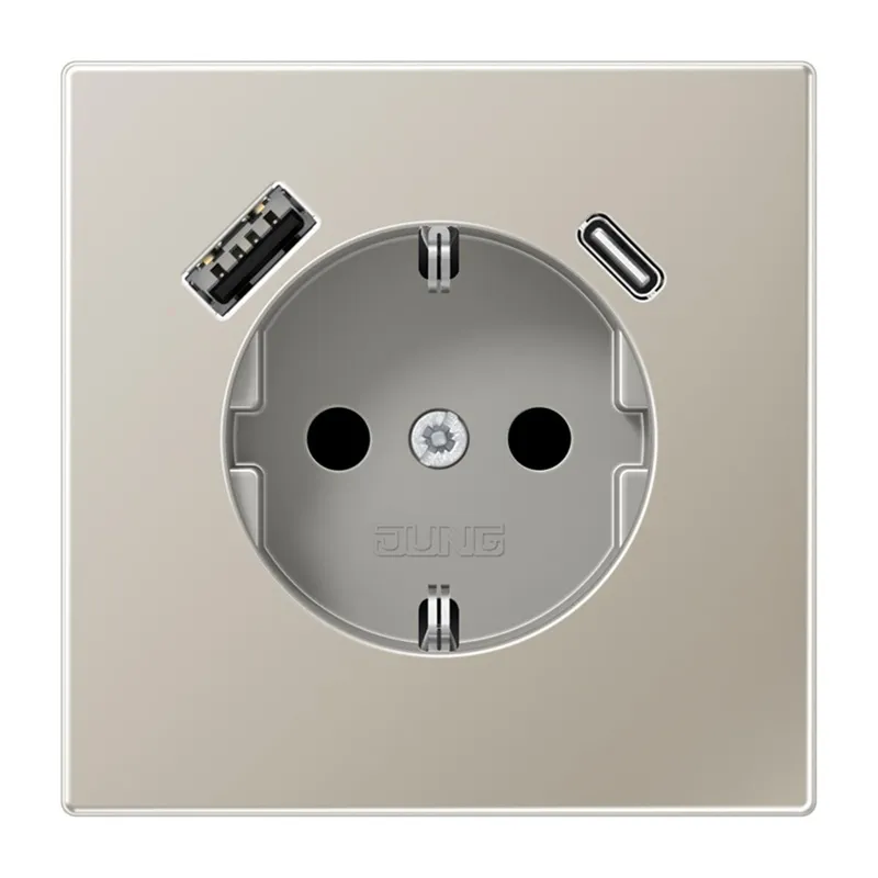Jung SCHUKO Steckdose 16 A 250 V ~, mit USB-Ladegerät 1 x Typ A + 1 x Typ C, SAFETY+, Serie LS, Edelstahl ES1520-15CA