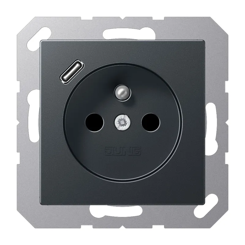 Jung Steckdose, französisch/belgisches System 16 A 250 V ~, mit USB-Ladegerät 1 x Typ C, SAFETY+, Serie A, anthrazi A1520F-18CANM