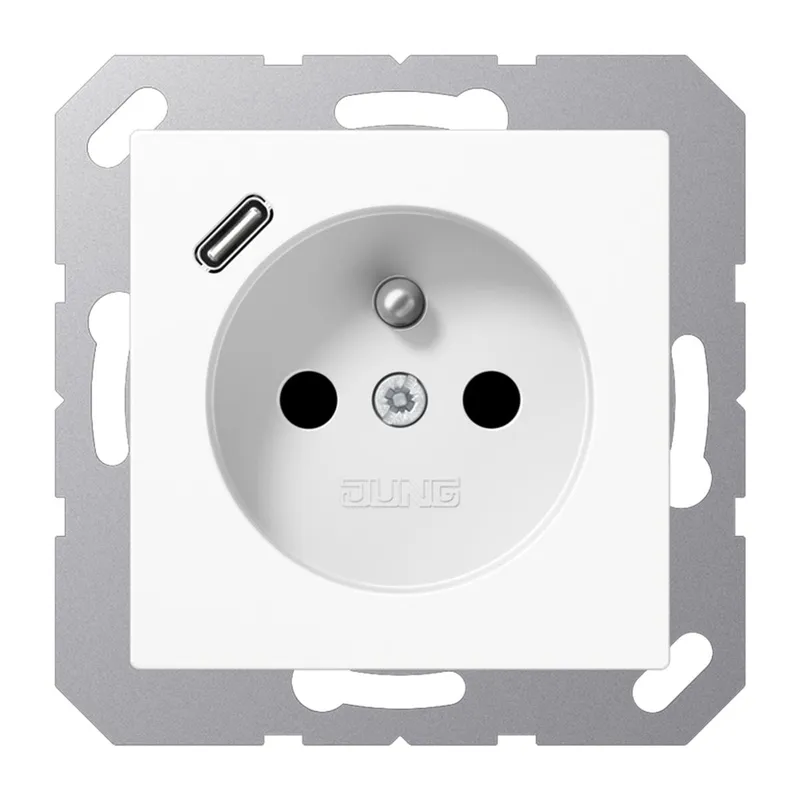 Jung Steckdose, französisch/belgisches System 16 A 250 V ~, mit USB-Ladegerät 1 x Typ C, SAFETY+, Serie AS/A, alpin A1520F-18CWW