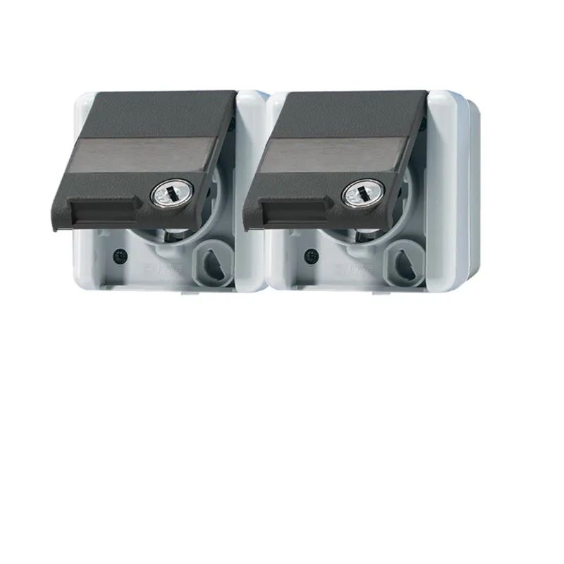 Jung SCHUKO®-Zweifach-Steckdose, 5 Leitungseinführungen, 2 Einzelabdeckungen, 16 A 250 V ~, mit Schriftfeld, Klappdeckel, mit Sicherheitsschloss, waagerech 8220NAWSLTS