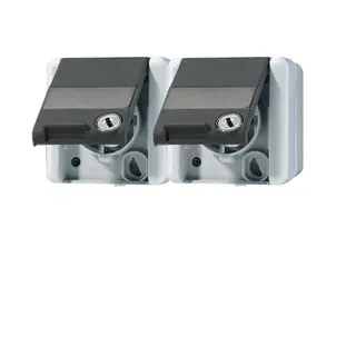 Jung SCHUKO®-Zweifach-Steckdose, 5 Leitungseinführungen, 2 Einzelabdeckungen, 16 A 250 V ~, mit Schriftfeld, Klappdeckel, mit Sicherheitsschloss, waagerech 8220NAWSLTS