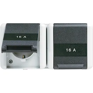 Jung SCHUKO®-Zweifach-Steckdose, 5 Leitungseinführungen, 2 Einzelabdeckungen, 16 A 250 V ~, mit Schriftfeld, Klappdeckel, waagerecht, IP 44, WG 800 8220NAWTS