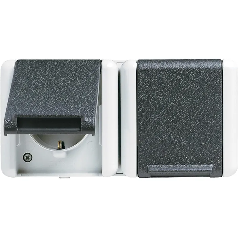 Jung SCHUKO®-Zweifach-Steckdose, 5 Leitungseinführungen, 2 Einzelabdeckungen, 16 A 250 V ~, Klappdeckel, waagerecht, IP 44, WG 800 8220WTS