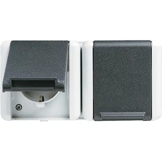 Jung SCHUKO®-Zweifach-Steckdose, 5 Leitungseinführungen, 2 Einzelabdeckungen, 16 A 250 V ~, Klappdeckel, waagerecht, IP 44, WG 800 8220WTS