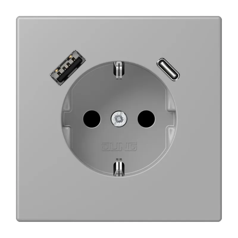 Jung SCHUKO Steckdose 16 A 250 V ~, mit USB-Ladegerät 1 x Typ A + 1 x Typ C, SAFETY+, Serie LS, gris moyen LC1520-15CA204