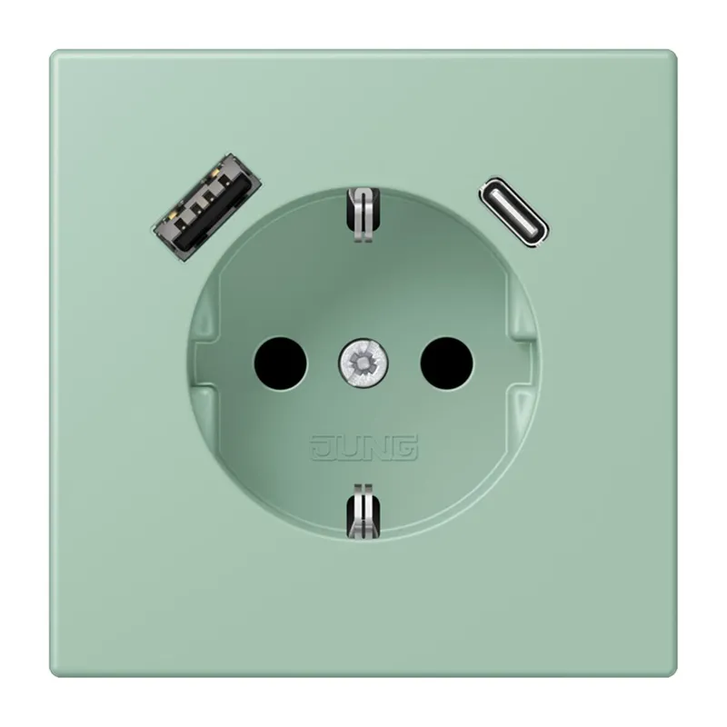 Jung SCHUKO Steckdose 16 A 250 V ~, mit USB-Ladegerät 1 x Typ A + 1 x Typ C, SAFETY+, Serie LS, vert anglais clair LC1520-15CA217