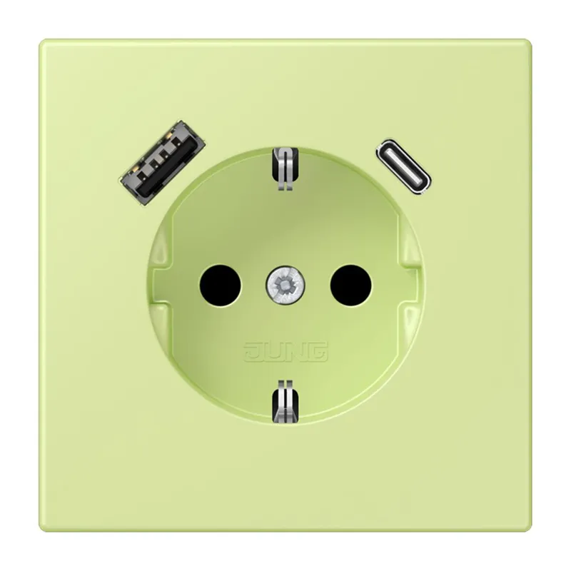 Jung SCHUKO Steckdose 16 A 250 V ~, mit USB-Ladegerät 1 x Typ A + 1 x Typ C, SAFETY+, Serie LS, vert jaune clair LC1520-15CA222