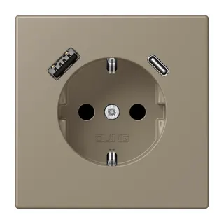 Jung SCHUKO Steckdose 16 A 250 V ~, mit USB-Ladegerät 1 x Typ A + 1 x Typ C, SAFETY+, Serie LS, ombre naturelle moy LC1520-15CA242