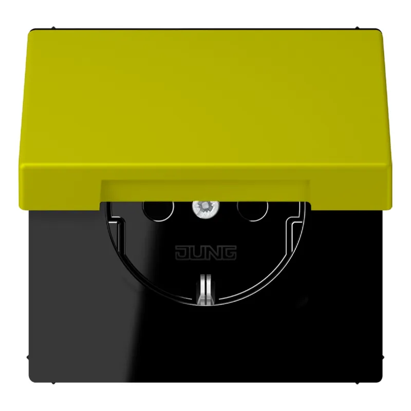 Jung SCHUKO Steckdose, 16 A 250 V ~, ohne Krallen, Klappdeckel, Serie LS, vert olive vif LC1520NBFKL249