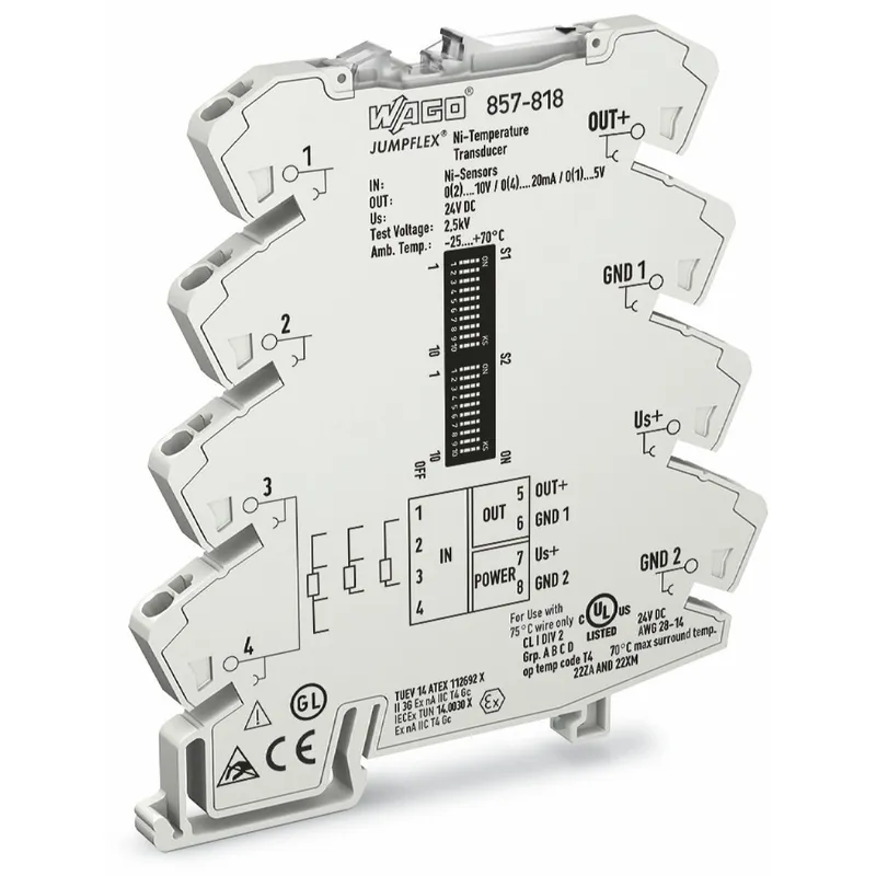 WAGO Temperaturmessumformer für Ni-Sensoren Strom- und Spannungsausgangssignal Konfiguration per Software lichtgrau 857-818